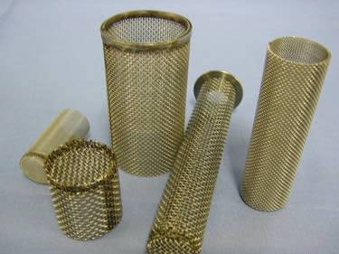 Five copper woven mesh filter tubes of different shapes.
