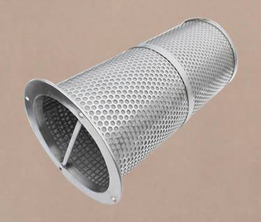 A strengthened perforated filter basket made of stainless steel woven mesh and perforated <d>meta</d>l with a handle.