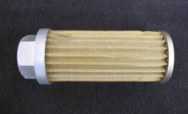 A copper pleated candle filter with stainless steel edge.