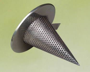 A perforated sharp bottom conical strainer with a stainless steel handle.
