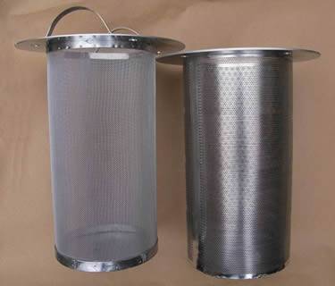 A woven filter basket and a perforated filter basket on a brown paper.