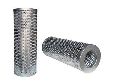 Two perforated cylindrical filter elements on a white background.